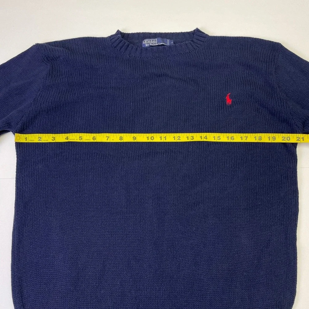 VTG Polo Ralph Lauren Mens Navy Blue Cotton Crewneck Sweater L Red Pony Logo